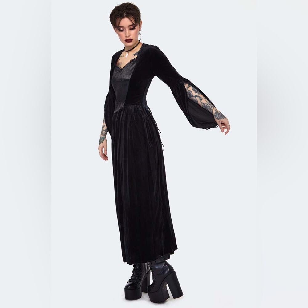 Jawbreaker Where Are My Runes Velvet Bell Sleeve Corset Back Dress Black Size L - Picture 4 of 16